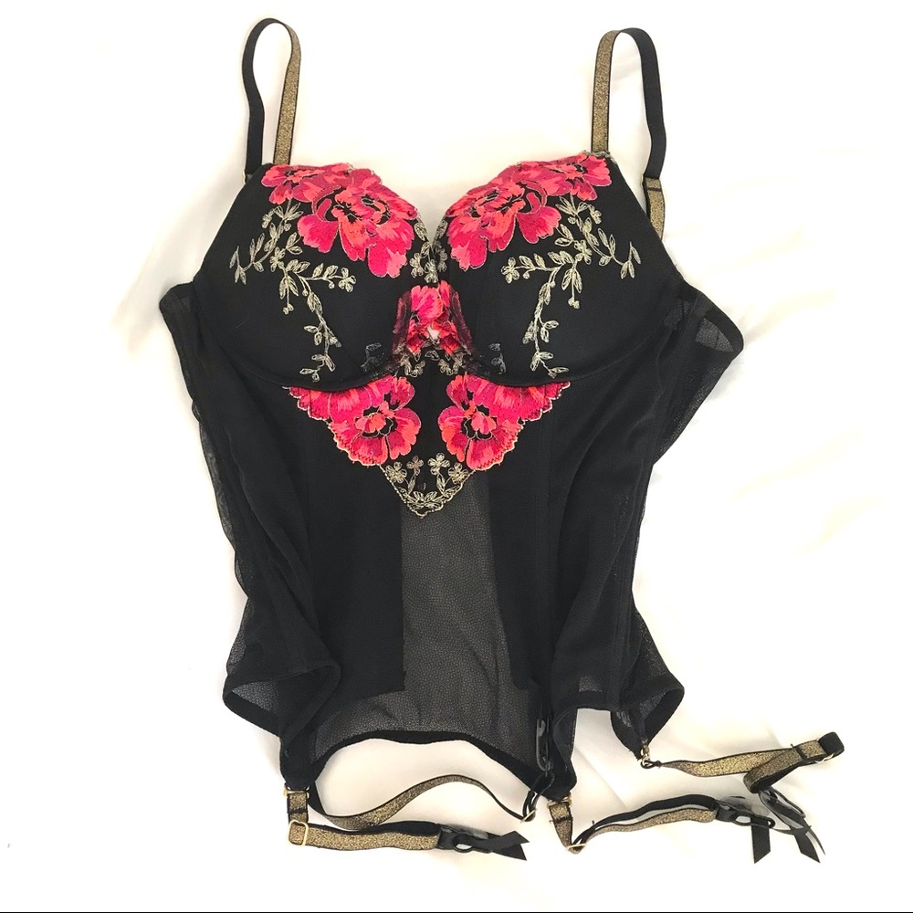 Victoria secret corset lingerie black field floral embroidered